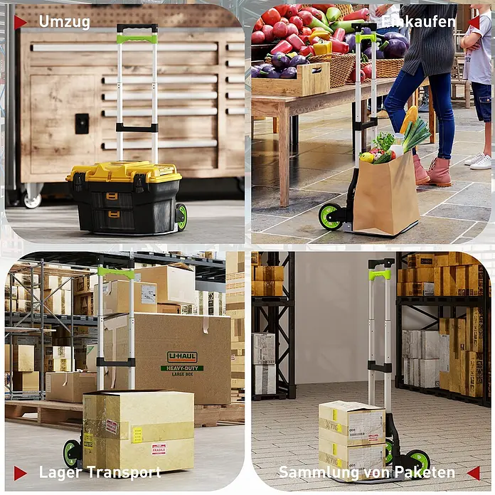 Homcom Sackkarre -  - Klappbare Sackkarre in Schwarz mit silbernen Stangen, grünem Griff und grünen Rädern, beim Transport von Werkzeugkisten, Lebensmitteln und Paketen.