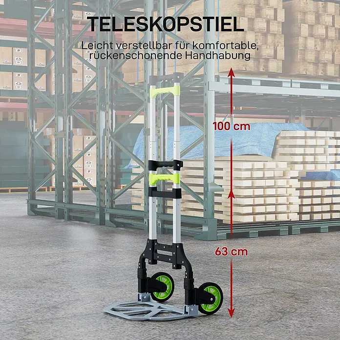 Homcom Sackkarre -  - Silberner, schwarz-grüner Klapp-Sackkarren mit Teleskopstiel. Ausgefahren 100 cm, zusammengeklappt 63 cm für komfortable, rückenschonende Handhabung.