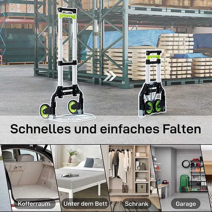 Homcom Sackkarre -  - Schwarze und weiße faltbare Sackkarre mit grünen Details, aus- und zusammengeklappt für die kompakte Lagerung in Kofferraum, unter Bett, Schrank oder Garage.
