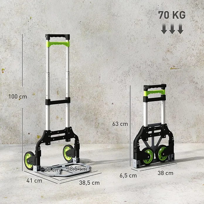 Homcom Sackkarre -  - Schwarzer und lindgrüner faltbarer Sackkarren, ausgeklappt (100 cm) und zusammengeklappt (63 cm), mit Maßen und 70 kg Tragkraft.