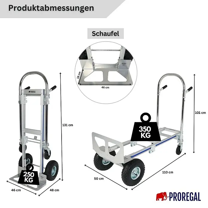 Proregal Sackkarre 2-in-1 APOLLO - Stahl, Traglast: 350 kg - Silberner Aluminium 2-in-1 Sackkarren, aufrecht (131x46x48 cm, 250 kg) und als Plattformwagen (101x110x50 cm, 350 kg) dargestellt.