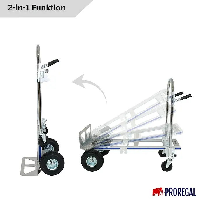 Proregal Sackkarre 2-in-1 APOLLO - Stahl, Traglast: 350 kg - Metallisch-silberne 2-in-1 Sackkarre mit schwarzen Rädern, zeigt Umwandlung von aufrecht zu flach.