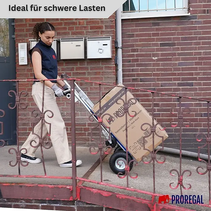Proregal Sackkarre 2-in-1 APOLLO - Stahl, Traglast: 350 kg - Frau transportiert mühelos einen großen Karton mit einer stabilen Sackkarre, ideal für schwere Lasten.