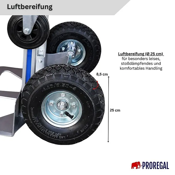 Proregal Sackkarre 2-in-1 APOLLO - Stahl, Traglast: 350 kg - Schwarzer Luftreifen (25 cm Durchmesser, 8,5 cm Breite) für leises und stoßdämpfendes Handling.