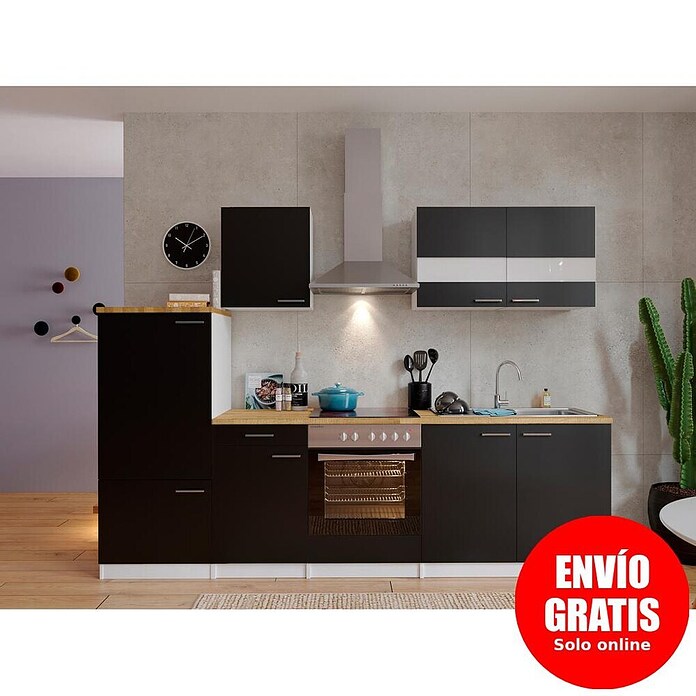 Respekta Composición de cocina (Ancho: 270 cm, Con dispositivos eléctricos, Negro)