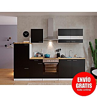 Respekta Composición de cocina Malia (Ancho: 270 cm, Negro, Con electrodomésticos, Decoración encimera: Efecto madera, Volumen horno: 72 l)