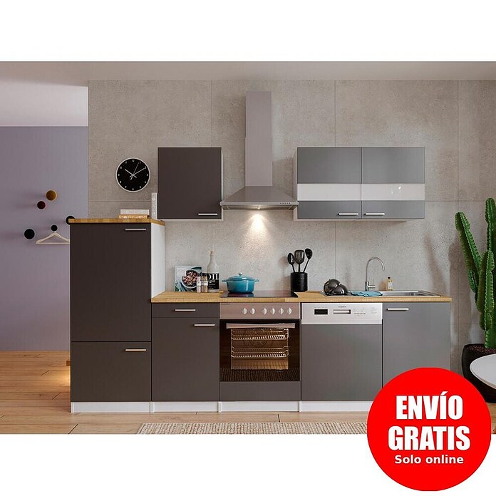 Respekta Composición de cocina (Ancho: 280 cm, Con dispositivos eléctricos, Gris)