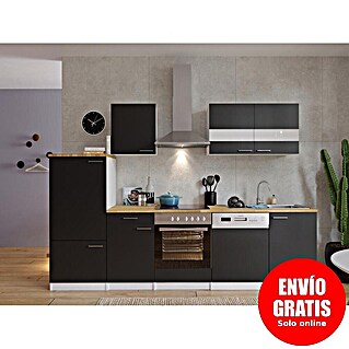 Respekta Composición de cocina Malia (Ancho: 280 cm, Negro, Con electrodomésticos, Decoración encimera: Efecto madera, Volumen horno: 72 l)