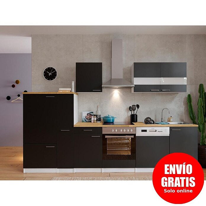 Respekta Composición de cocina (Ancho: 310 cm, Con dispositivos eléctricos, Negro)