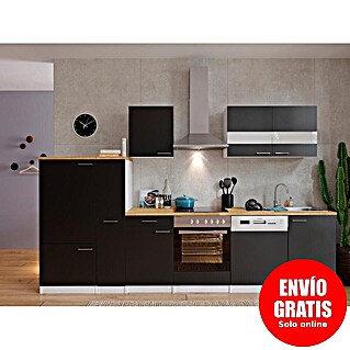 Respekta Composición de cocina Malia (Ancho: 310 cm, Negro, Con electrodomésticos, Decoración encimera: Efecto madera, Volumen horno: 72 l)