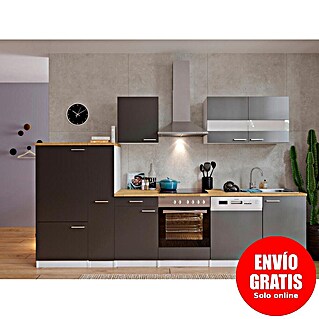 Respekta Composición de cocina Malia (Ancho: 310 cm, Gris, Con electrodomésticos, Decoración encimera: Efecto madera, Volumen horno: 72 l)