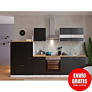 Respekta Composición de cocina Malia (Ancho: 300 cm, Negro, Con electrodomésticos, Decoración encimera: Efecto madera, Volumen horno: 72 l)