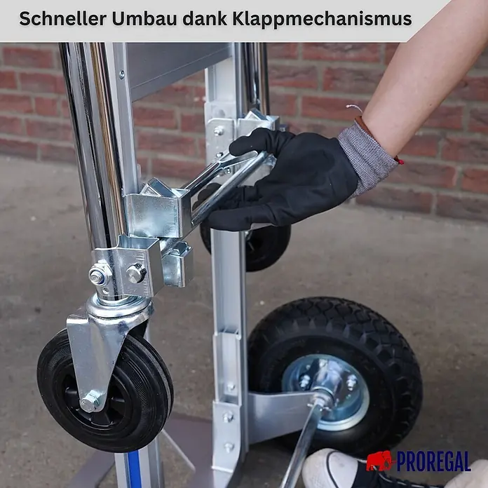 Proregal Sackkarre 2-in-1 APOLLO - Stahl, Traglast: 350 kg - Behandschuhte Hand betätigt den Klappmechanismus einer silbernen Sackkarre mit Lufträdern.
