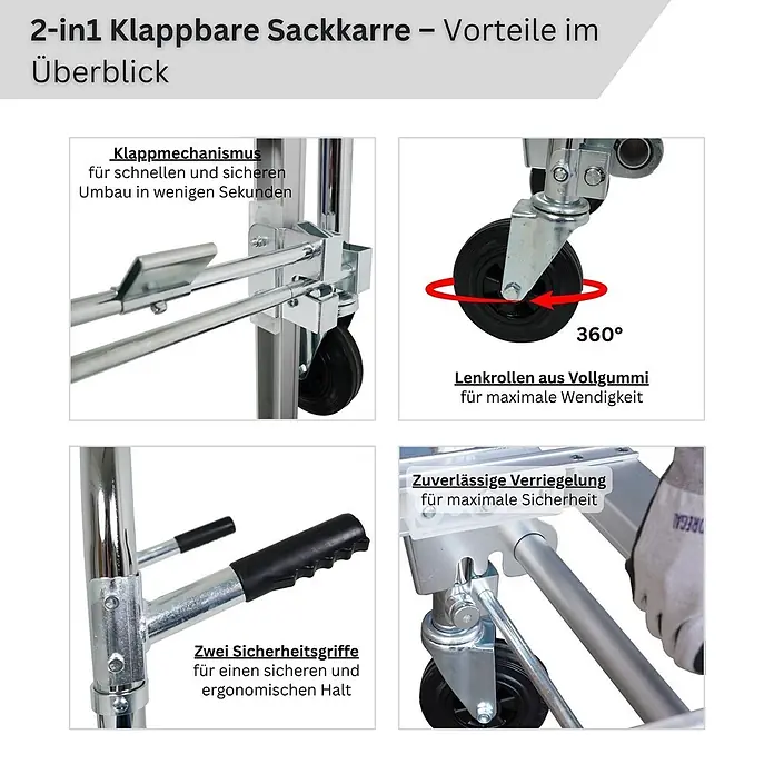 Proregal Sackkarre 2-in-1 APOLLO - Stahl, Traglast: 350 kg - Silberne 2-in-1 Klapp-Sackkarre. Detailansichten zeigen Klappmechanismus, Schwenkräder, Sicherheitsgriffe und Verriegelung.
