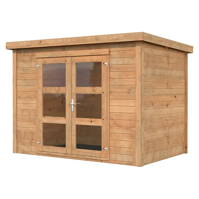 Palmako Gartenhaus Olivia - Außenmaß inkl. Dachüberstand (B x T): 300 x 206 cm, Holz, Hellbraun - Hellbrauner Holz-Gartenschuppen mit Doppelglastüren und Flachdach.