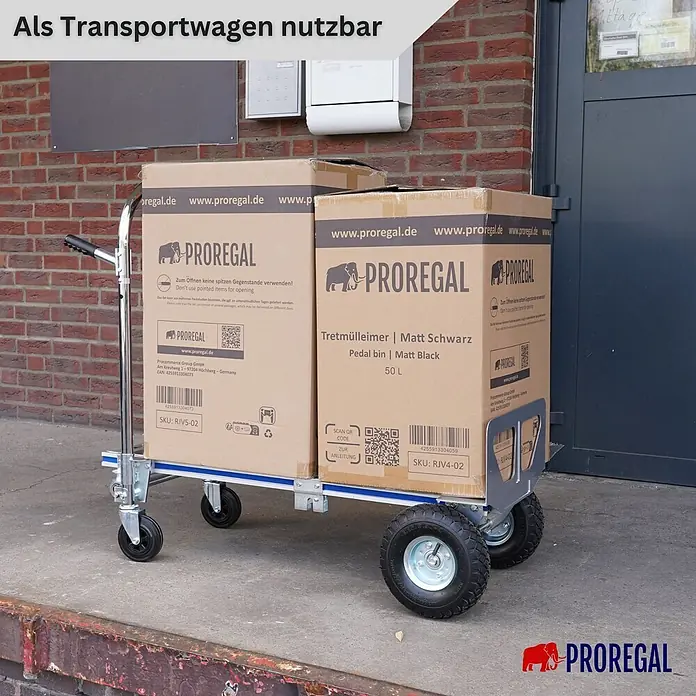 Proregal Sackkarre 2-in-1 APOLLO - Stahl, Traglast: 350 kg - Robuster Transportwagen aus Metall mit großen und kleinen Rädern, beladen mit Proregal Kartons.