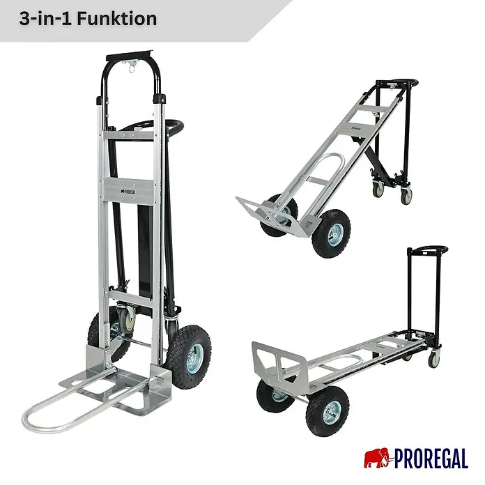 Proregal Sackkarre 3-in-1 APOLLO - Stahl, Traglast: 350 kg - Vielseitige 3-in-1 Sackkarre aus silber-schwarzem Metall, in drei Konfigurationen gezeigt: aufrecht, gekippt und flach.