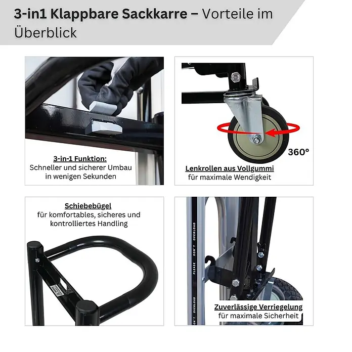 Proregal Sackkarre 3-in-1 APOLLO - Stahl, Traglast: 350 kg - Schwarze 3-in-1 klappbare Sackkarre mit Vollgummi-Lenkrollen, Schiebebügel und zuverlässiger Verriegelung für vielseitiges und sicheres Handling.