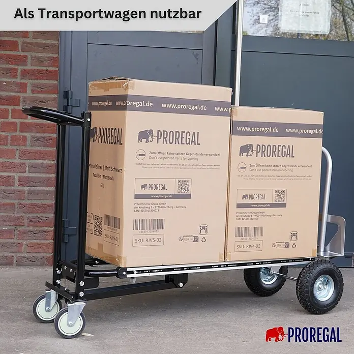 Proregal Sackkarre 3-in-1 APOLLO - Stahl, Traglast: 350 kg - Schwarzer und silberner Transportwagen mit zwei Kartons.