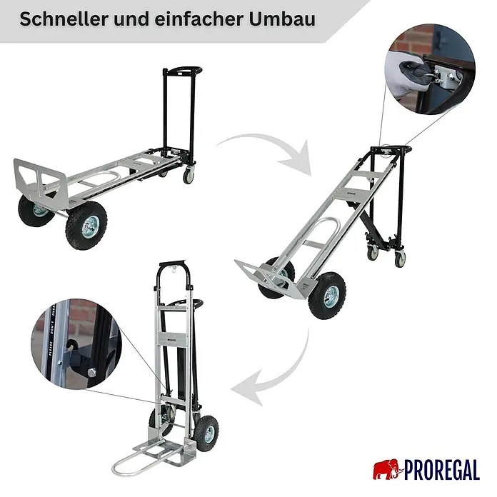 Proregal Sackkarre 3-in-1 APOLLO - Stahl, Traglast: 350 kg - Silber-schwarze, umwandelbare Sackkarre, die sich von einem 4-Rad-Plattformwagen zu einer 2-Rad-Sackkarre umbauen lässt.