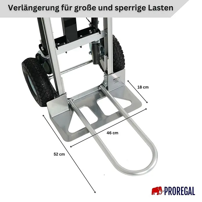 Proregal Sackkarre 3-in-1 APOLLO - Stahl, Traglast: 350 kg - Silberne Metall-Sackkarrenverlängerung, 52x46x18 cm, für große und sperrige Lasten.
