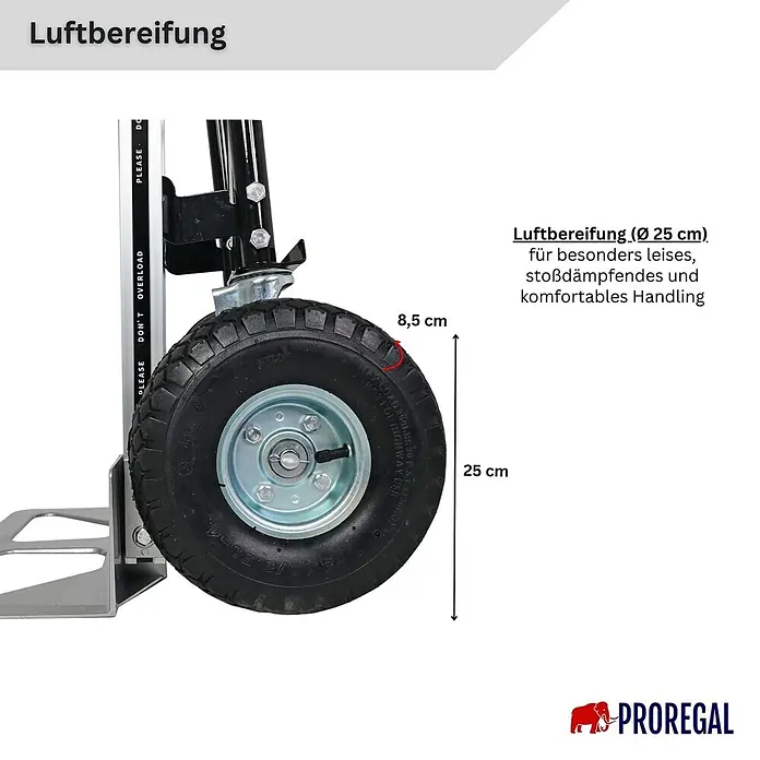 Proregal Sackkarre 3-in-1 APOLLO - Stahl, Traglast: 350 kg - Nahaufnahme eines schwarzen Luftreifens mit silberner Nabe, 25 cm Durchmesser und 8,5 cm Breite, für leises und stoßdämpfendes Handling.