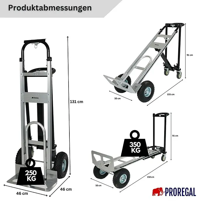 Proregal Sackkarre 3-in-1 APOLLO - Stahl, Traglast: 350 kg - Silber-schwarze, umbaubare Sackkarre, mit Maßen und Tragfähigkeiten (250 kg stehend, 350 kg als 4-Rad-Wagen).