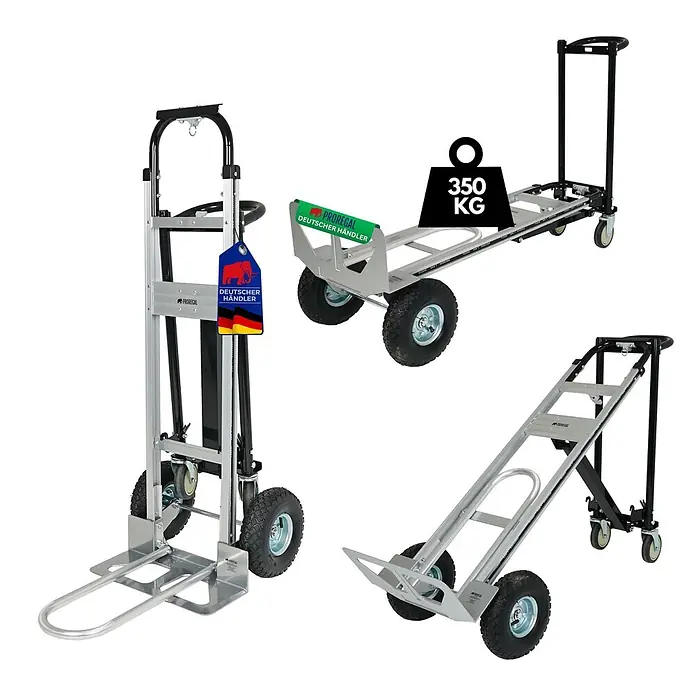 Proregal Sackkarre 3-in-1 APOLLO - Stahl, Traglast: 350 kg - Silber-schwarze, umbaubare Sackkarre, als Sack- und Plattformwagen gezeigt, mit Luft- und Lenkrollen. 350 kg Tragkraft.