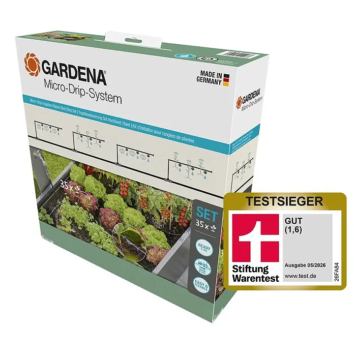 Gardena Micro-Drip Bewässerungs-Set Hochbeet/Beet Start-Set - 35 -tlg., Geeignet für: Reihenbewässerung, 35 Pflanzen - Gardena Micro-Drip-System Karton für Hochbeet-Bewässerung, mit 'TESTSIEGER GUT (1,6)' Gütesiegel von Stiftung Warentest.