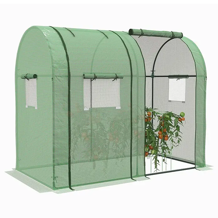 Outsunny Gewächshaus - 185 x 94 cm, Material Seitenwand: Kunststoff, 0,3 mm, Grün - Grünes Mini-Gewächshaus mit halbtransparenter Abdeckung und aufrollbaren Fenstern, zeigt wachsende Tomatenpflanzen.