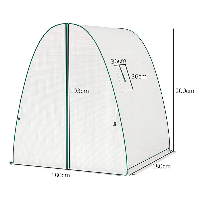 Outsunny Gewächshaus - 180 x 180 cm, Material Seitenwand: Kunststoff, 0,3 mm, Grün - Weißes Bogen-Gewächshaus aus Netzstoff mit grünem Rand, Reißverschluss und Seitenfenster, Maße sichtbar.