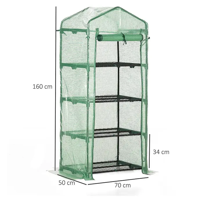 Outsunny Gewächshaus - 70 x 50 cm, Material Seitenwand: Kunststoff, 0,3 mm, Grün - Grünes Mini-Gewächshaus mit transparenter Netzabdeckung und internen Regalböden. Aufrollbare Front mit Reißverschluss.