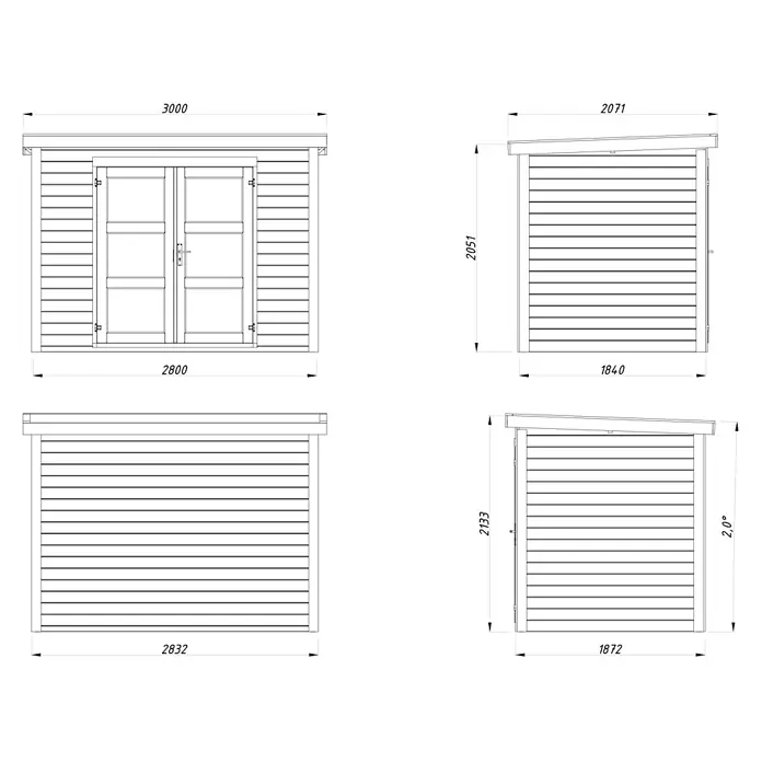 Palmako Gartenhaus Olivia - Außenmaß inkl. Dachüberstand (B x T): 300 x 206 cm, Holz, Hellbraun - Technische Zeichnung eines Gartenhauses mit Pultdach und Doppeltüren, inklusive Vorder-, Rück- und Seitenansichten mit Maßen.