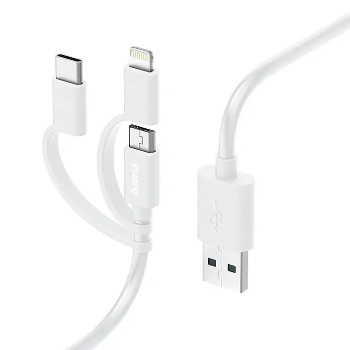 Hama USB-Kabel 201535 USB-A - Micro-USB USB-C u. Lightning - 1 m, Weiß - Weißes Multi-Ladekabel mit USB-A-, USB-C-, Lightning- und Micro-USB-Anschlüssen.