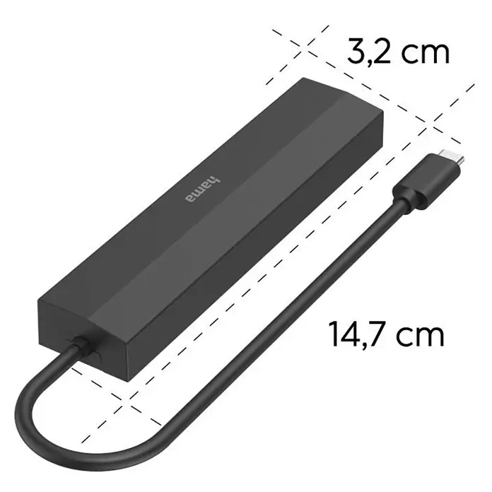 Hama USB-Ladeadapter 00200144 Multiport 6 Ports 3x USB-A USB-C HDMI LAN/Ethernet - Schwarz - Schwarzer Hama USB-C Adapter/Hub mit Kabel, Maße 3,2 cm x 14,7 cm.