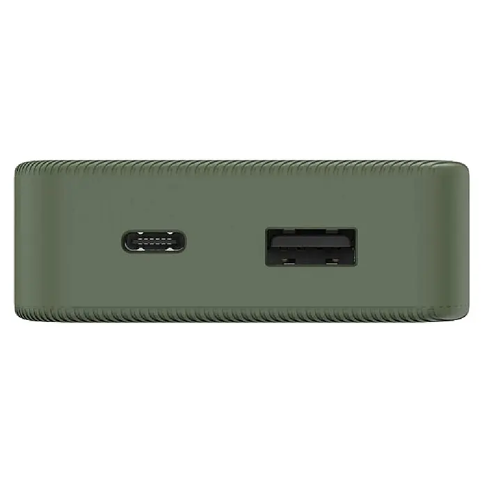 Hama Powerbank 10000 mAh Fast Charge LiPo USB-C USB-A - Grün - Olivgrünes Powerbank-Ende mit USB-C- und USB-A-Anschlüssen zum Laden.