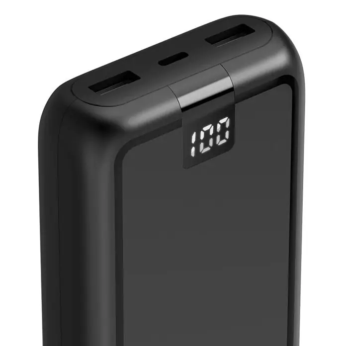 Hama Powerbank 00201710 "Performance 20" 20000mAh USB-C 2x USB-A - Schwarz - Schwarze Powerbank mit digitaler Anzeige "100" und USB-Anschlüssen.
