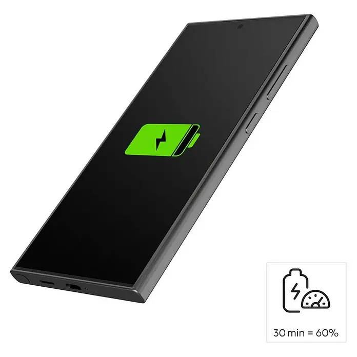 Hama Schnellladegerät 00201996 GaN 2x USB-C 1x USB-A Mini PD 65 W - Weiß - Schlankes, dunkles Smartphone mit grünem Akku-Ladesymbol. Ein zusätzliches Symbol zeigt 30 Minuten Ladezeit für 60 % Akku an.