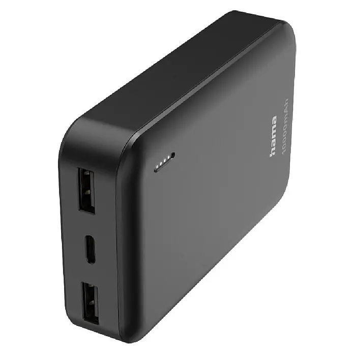 Hama Powerbank Pocket 10 10000 mAh Fast Charge LiPo - Schwarz - Schwarze Powerbank mit zwei USB-A-Anschlüssen, einem USB-C-Anschluss und vier LED-Anzeigen, mit 'hama 10000mAh' Beschriftung.