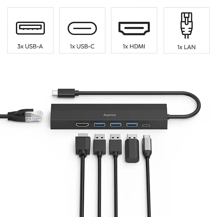 Hama USB-Ladeadapter 00200144 Multiport 6 Ports 3x USB-A USB-C HDMI LAN/Ethernet - Schwarz - Schwarzer Hama USB-C-Hub mit HDMI-, 3 USB-A-, USB-C- und LAN-Anschlüssen, mit angeschlossenen Kabeln für erweiterte Konnektivität.