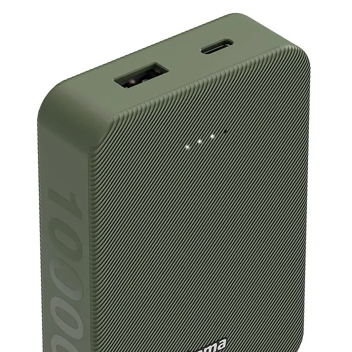 Hama Powerbank 10000 mAh Fast Charge LiPo USB-C USB-A - Grün - Olivgrüne 10000 mAh Powerbank mit gerippter Textur, USB-A- und USB-C-Anschlüssen und drei LED-Anzeigen.
