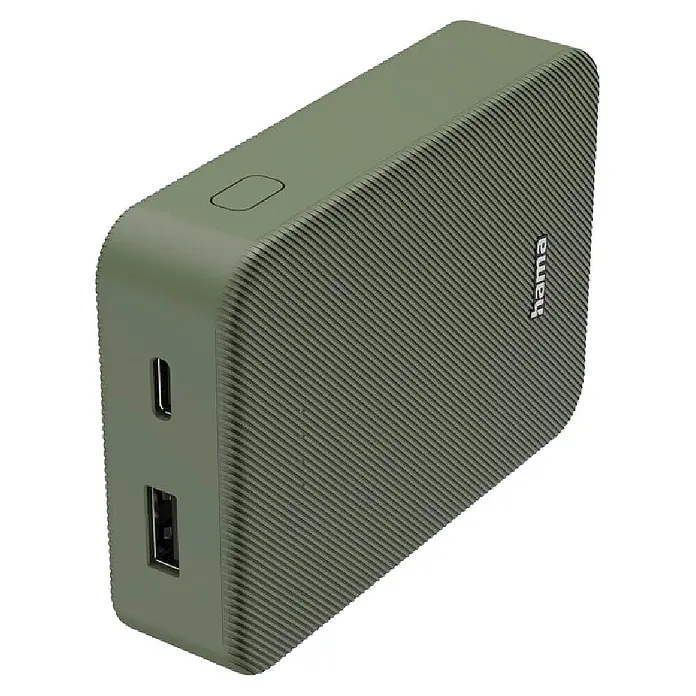 Hama Powerbank 10000 mAh Fast Charge LiPo USB-C USB-A - Grün - Grüne, texturierte Powerbank mit USB-A- und USB-C-Anschlüssen sowie einem Ein-/Ausschalter.