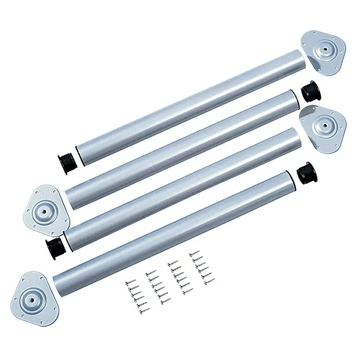 Element System Set de patas de mueble - Ø x Al: 5 x 71 cm, Capacidad de carga: 50 kg, Metal, 4 ud. - Imagen del producto de cuatro patas de mesa plateadas con placas de montaje y tornillos para una fácil instalación.