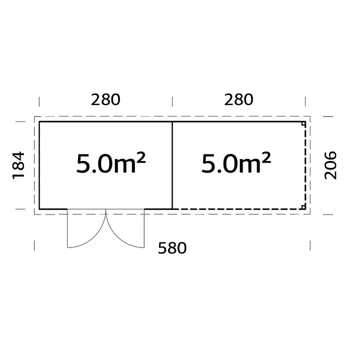 Palmako Gartenhaus Olivia - Außenmaß inkl. Dachüberstand (B x T): 580 x 206 cm, Holz, Braun - Grundriss eines zweigeteilten Schuppens, gesamt 10m², mit Maßen 580x206/184cm und Doppeltür.