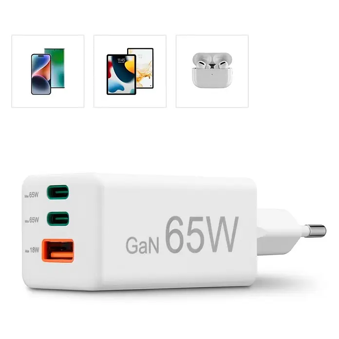 Hama Schnellladegerät 00201996 GaN 2x USB-C 1x USB-A Mini PD 65 W - Weiß - Weißes GaN 65W Multiport-Ladegerät mit zwei grünen 65W USB-C-Anschlüssen und einem orangefarbenen 18W USB-A-Anschluss.