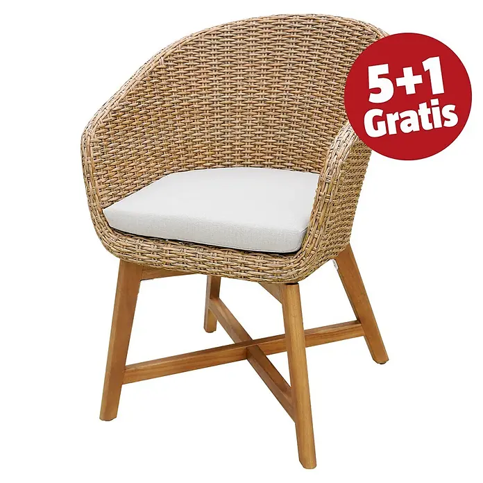 Sunfun Pauline Gartensessel - B x T x H: 62 x 70 x 80 cm, Polyrattan, Akazie, Aluminium, Hellbraun - Geflochtener Korbsessel mit weißem Kissen und Holzbeinen.