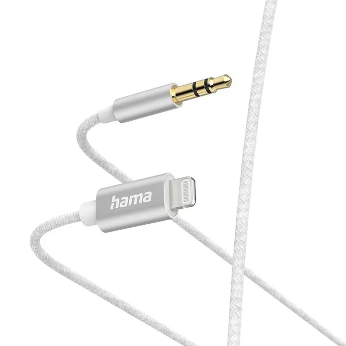 Hama Kabel 00201522 35-mm-Klinke Nylon 10 m - Weiß - Weißes geflochtenes Audiokabel mit silbernem 3,5-mm-Klinken- und Lightning-Anschluss.