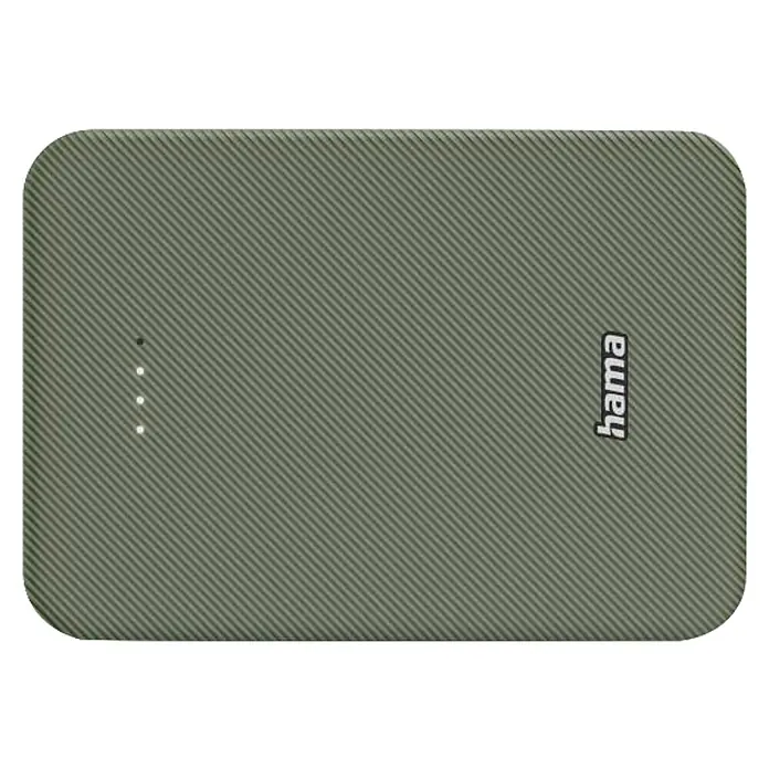 Hama Powerbank 10000 mAh Fast Charge LiPo USB-C USB-A - Grün - Rechteckige olivgrüne Powerbank mit diagonal gestreifter Textur, vier Anzeigeleuchten und 'hama'-Logo.