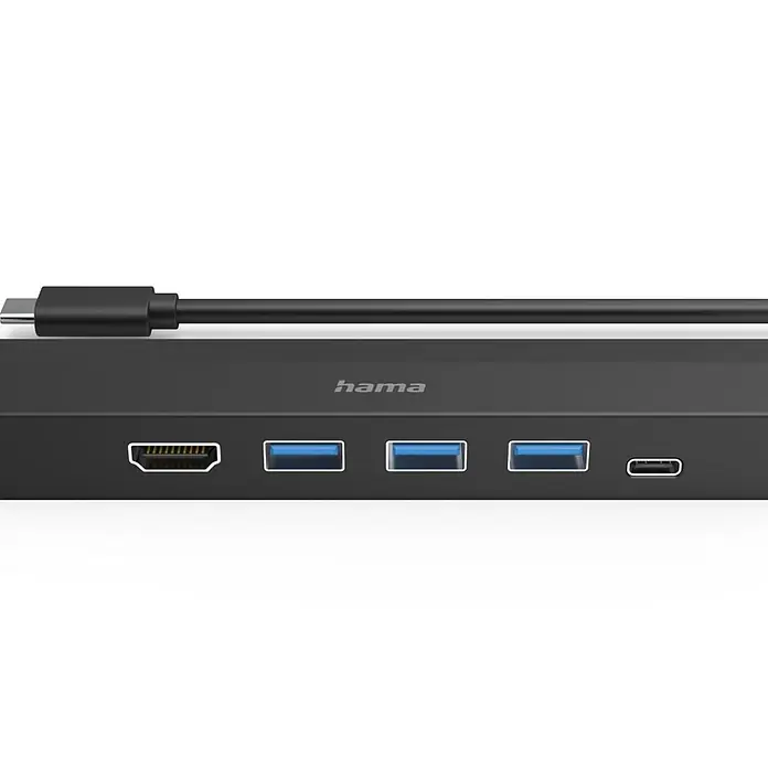 Hama USB-Ladeadapter 00200144 Multiport 6 Ports 3x USB-A USB-C HDMI LAN/Ethernet - Schwarz - Schwarzer Hama USB-C Hub mit HDMI-, 3x USB-A-, 1x USB-C-Anschlüssen und integriertem USB-C-Kabel.