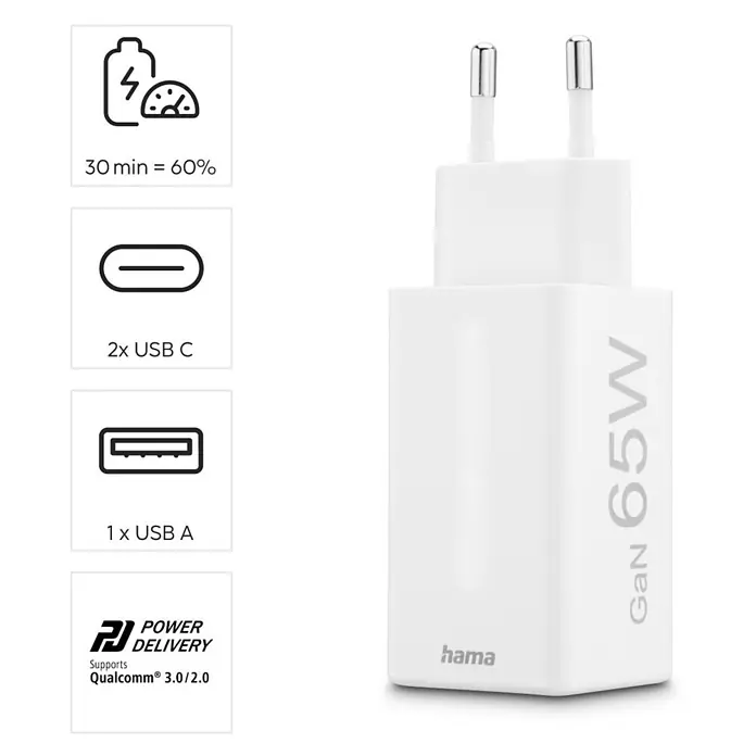 Hama Schnellladegerät 00201996 GaN 2x USB-C 1x USB-A Mini PD 65 W - Weiß - Weißes Hama GaN 65W Netzteil mit 2x USB-C und 1x USB-A Anschlüssen, unterstützt Power Delivery und Qualcomm Quick Charge.